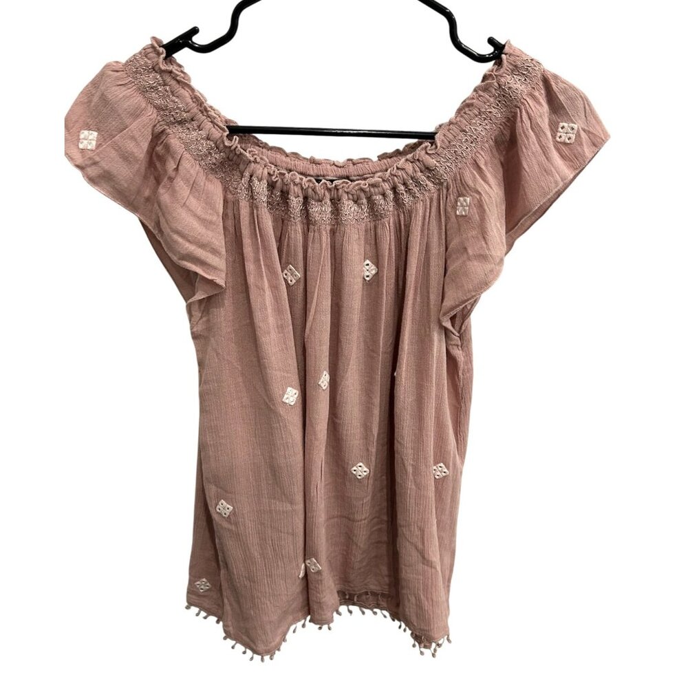 American Eagle Outfitters Mauve Off Shoulder Embroidered Boho Baby Doll Top Sz M